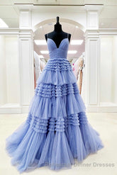 Elegant Light Blue Side Slit Tulle Long Semi Formal Prom Dress